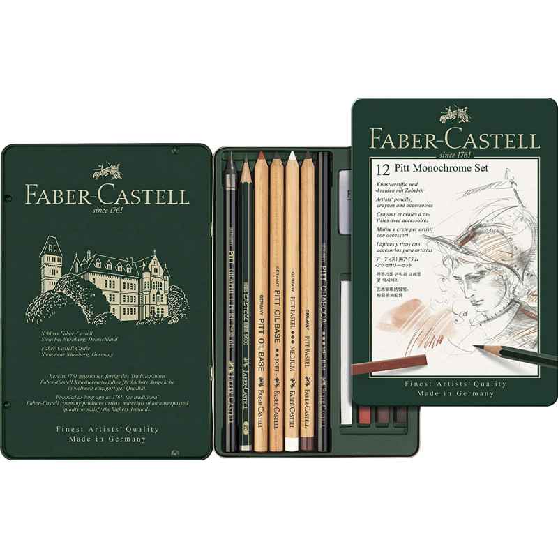 Faber-Castell Pitt 112975 Kit monochrome 12 pièces dans un étui en métal Petit format