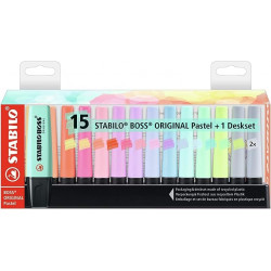 Surligneur pastel STABILO BOSS ORIGINAL Pastel - Set de bureau de 15 Surligneurs coloris Pastel assortis