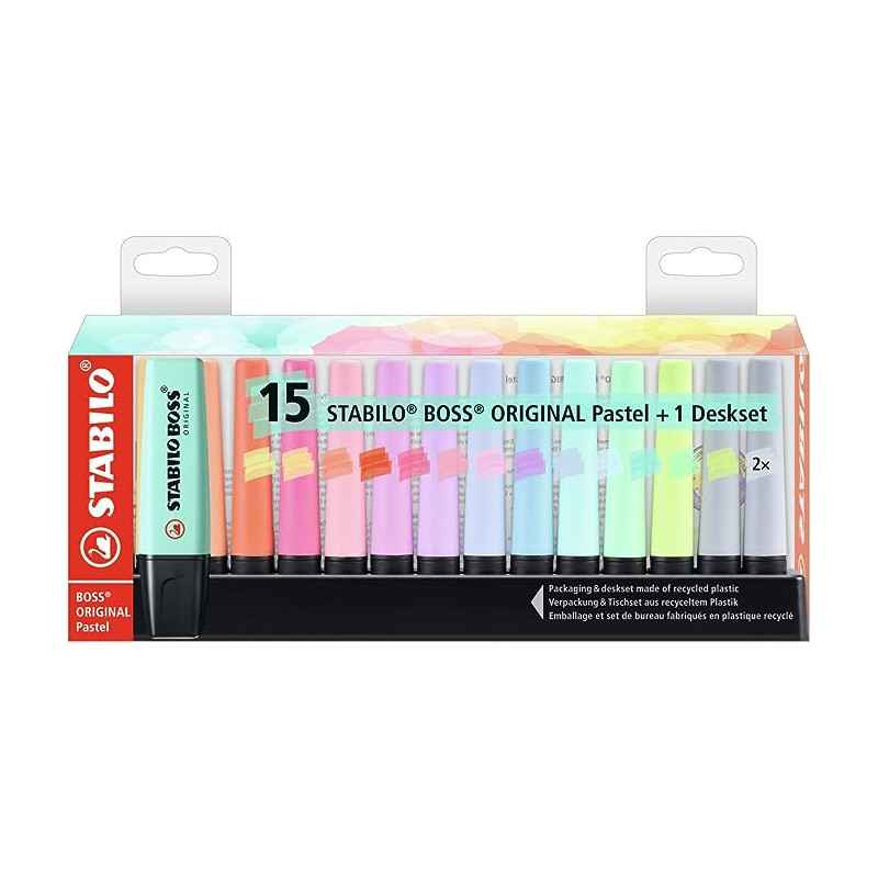 Surligneur pastel STABILO BOSS ORIGINAL Pastel - Set de bureau de 15 Surligneurs coloris Pastel assortis4006381567411